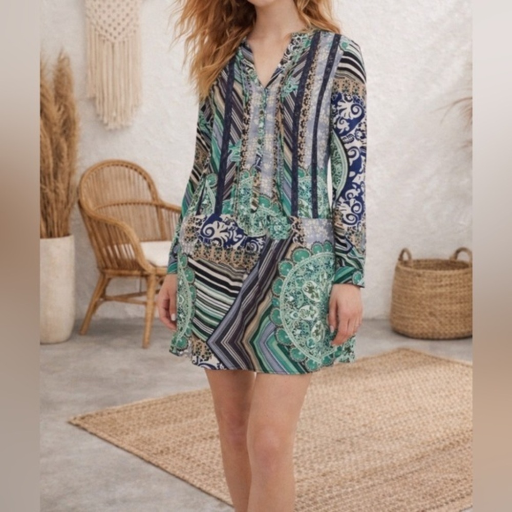 Anthropologie TINY Caviana in Green Boho Print Drop Waist Shirt Dress